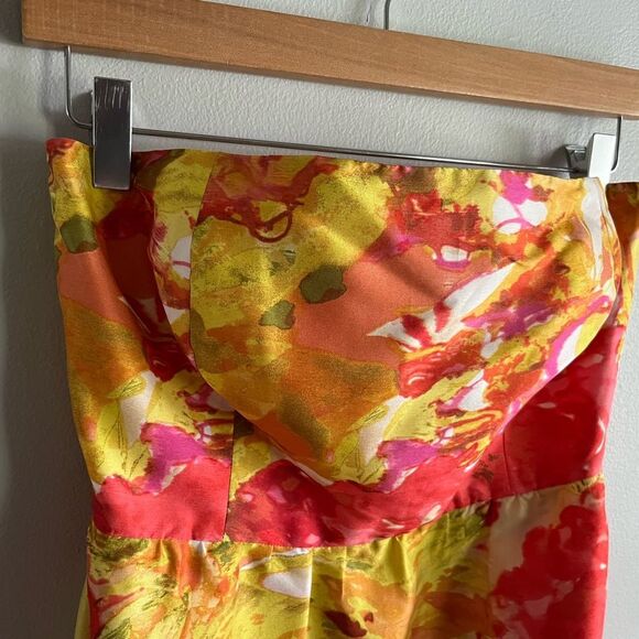J.Crew 100% Silk Floral Strapless Dress Yellow Pink Orange Watercolor Print 4 - Picture 3 of 8
